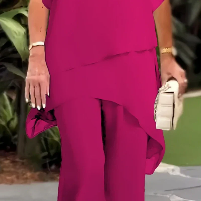 Damen-Zweiteiler: Charmantes asymmetrisches Top & Hose mit weitem Bein
