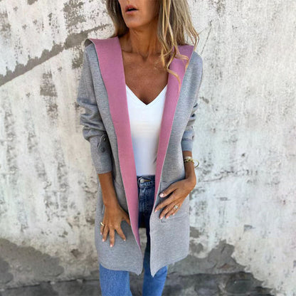 🌸Frühlingsangebote💐 Damen-Farbblock-Mantel mit offener Vorderseite und Kapuze
