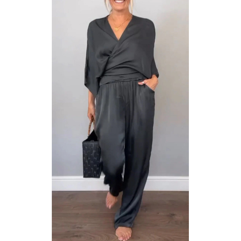 💃2-teiliges Damen-Set aus Oberteil und Hose mit V-Ausschnitt und merzerisierter Baumwolle