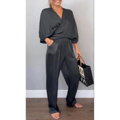 💃2-teiliges Damen-Set aus Oberteil und Hose mit V-Ausschnitt und merzerisierter Baumwolle