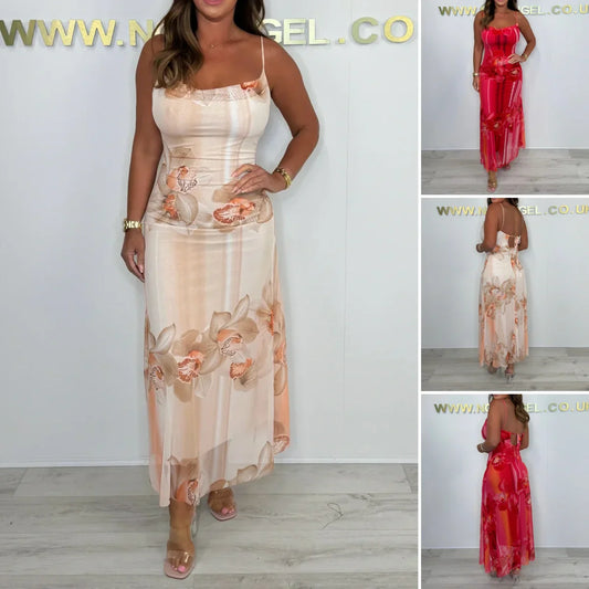Spaghetti-Träger Mesh Floral Maxi Dres