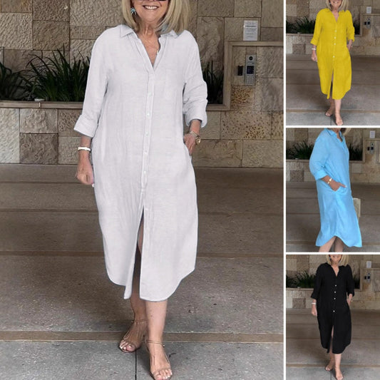 Lässiges, weites, lange Hemdkleid für Damen aus Baumwolle und Leinen