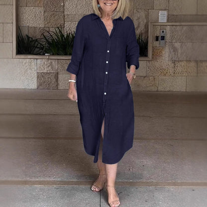 Lässiges, weites, lange Hemdkleid für Damen aus Baumwolle und Leinen