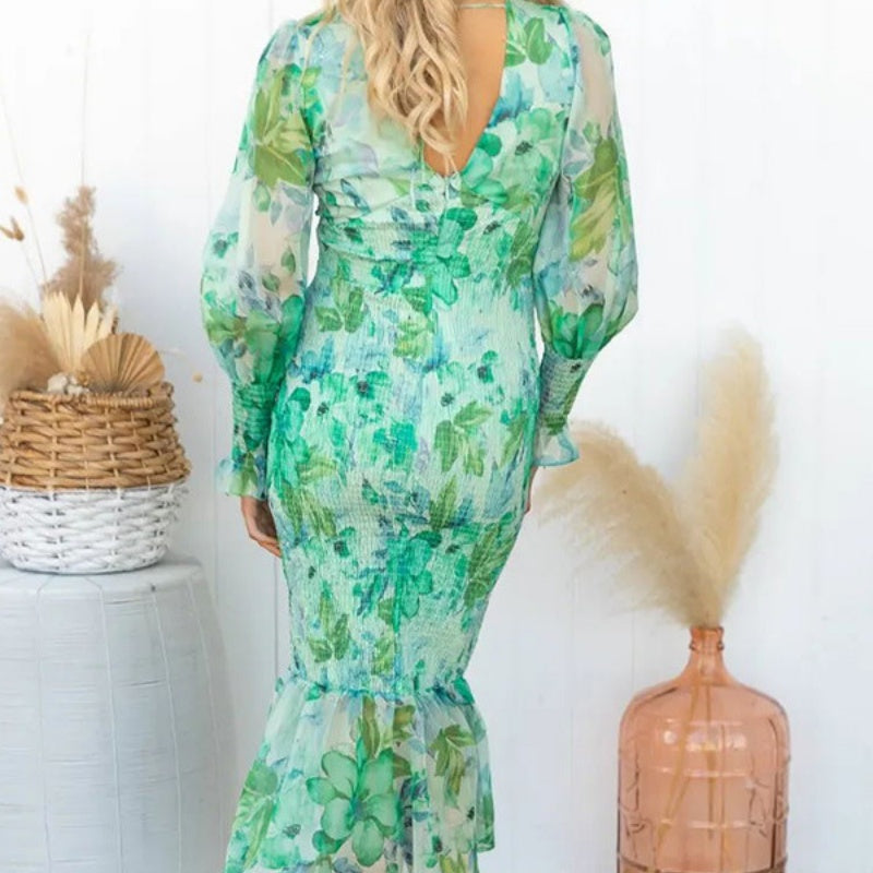 Elegantes Damenkleid mit langen Ärmeln, V-Ausschnitt und Rüschen