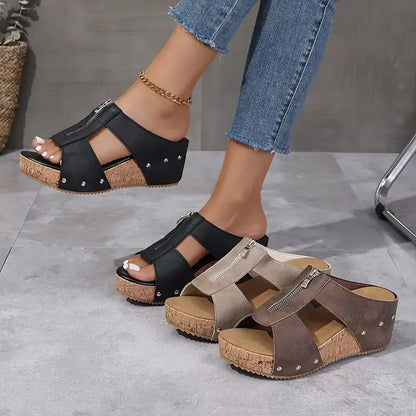 Frauen Mode Niete Keil Fisch Mund dicken Boden Sandalen