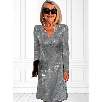 Anmutiges Langarmkleid mit Glitzerpailletten und V-Ausschnitt