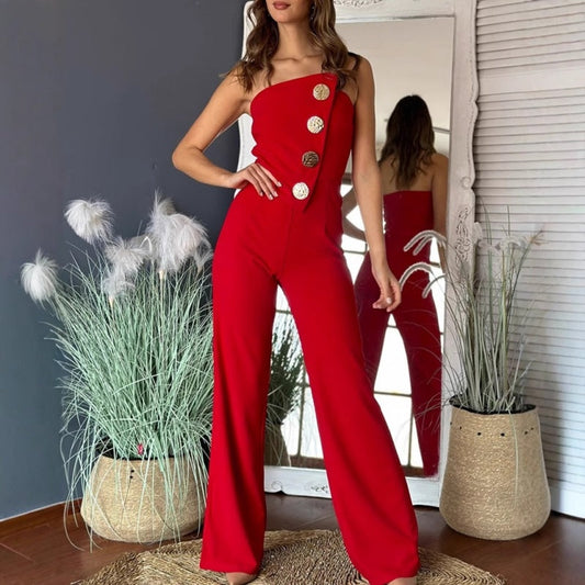 🔥Solide Farbe Sexy Tube Top Gold Knopf verschönert Bootcut Jumpsuit