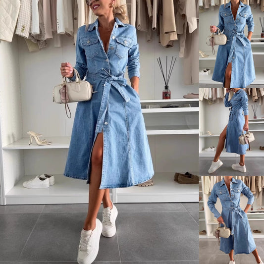 Langärmeliges Jeanskleid mit Knöpfen für Frauen