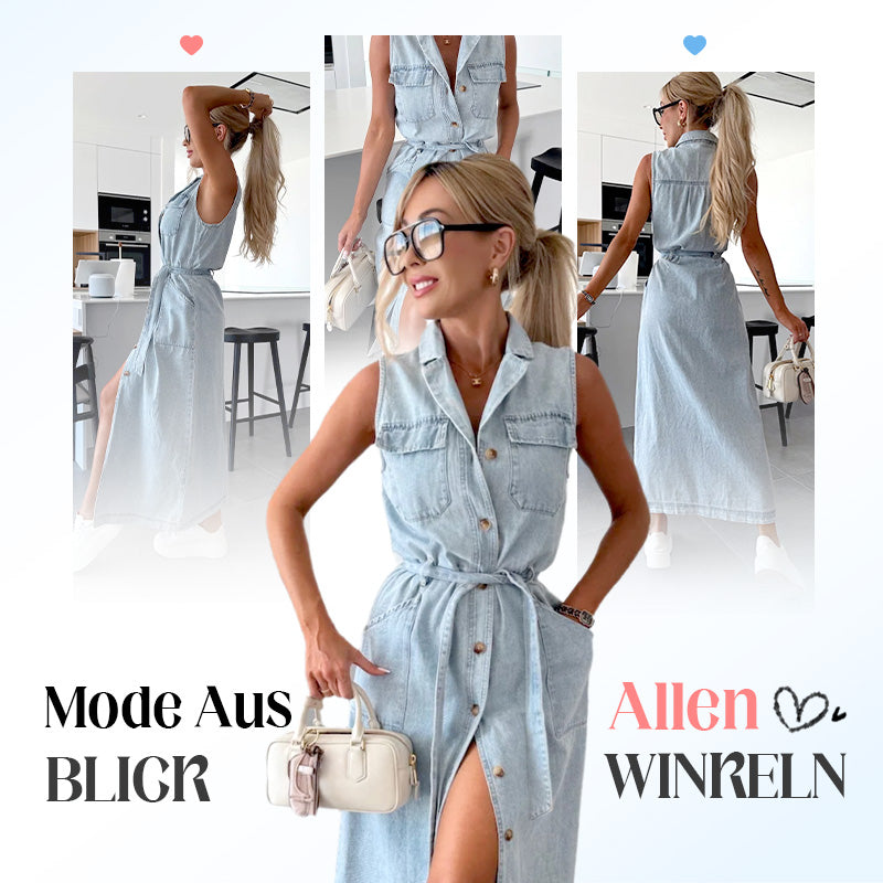 💥💃Sommer Neuankömmlinge halber Preis⏳Damen-Midi-Jeanskleid mit Taillenband