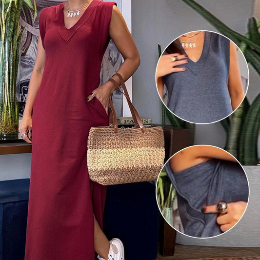 Ärmelloses Maxikleid für Damen mit V-Ausschnitt und Schlitz
