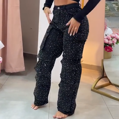 🔥Weite Hose mit Strasssteinen und Taschen für Damen