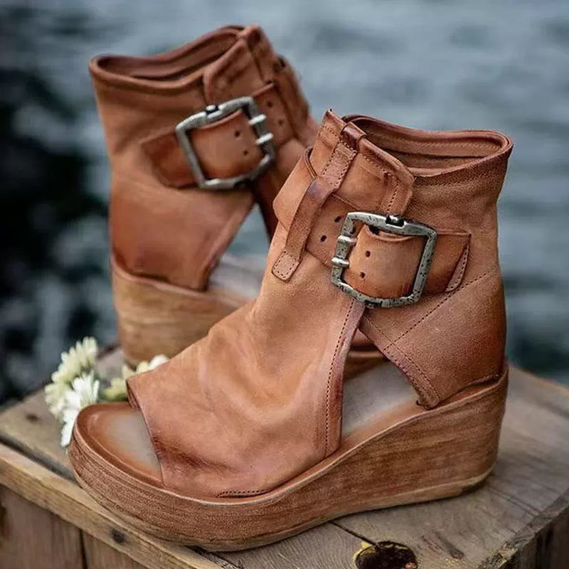 Peep-Toe Wedge Ankle Boots with Buckle