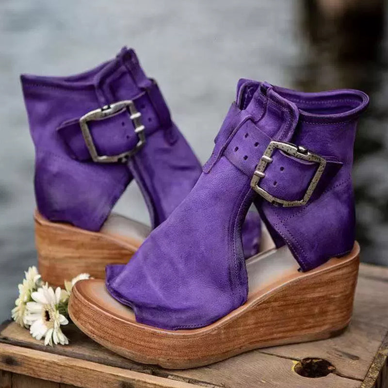 Peep-Toe Wedge Ankle Boots with Buckle