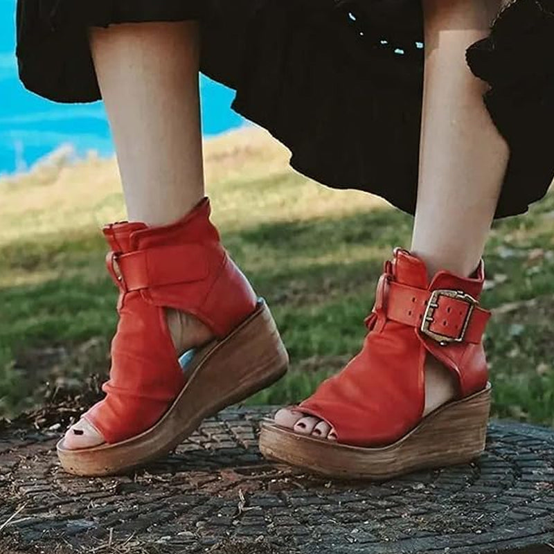 Peep-Toe Wedge Ankle Boots with Buckle