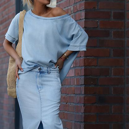 Damen diagonales Schultertop mit gespaltenem Denim-Maxirock