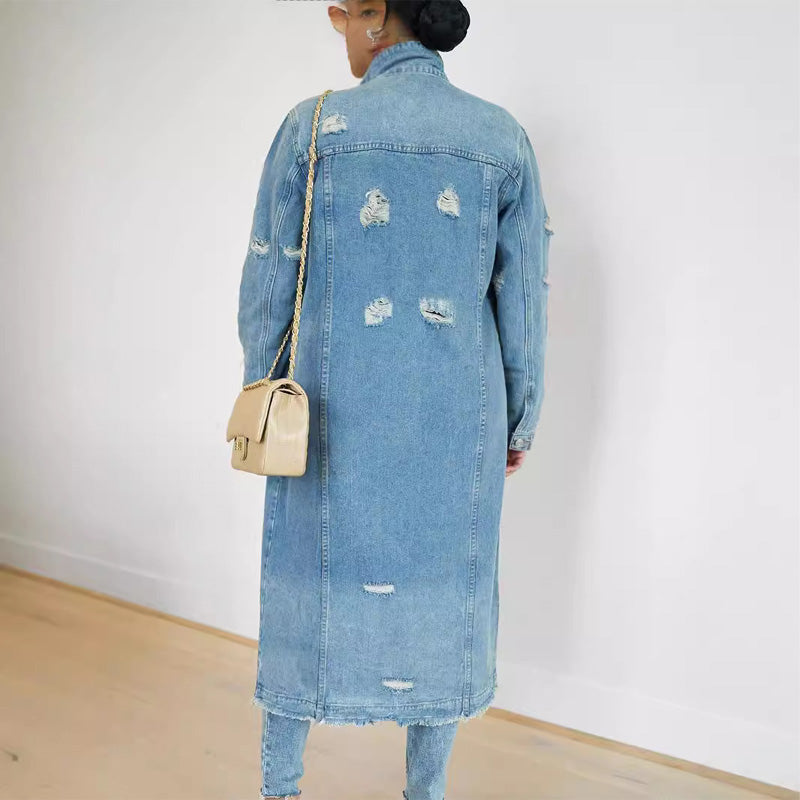 Lange Damen-Jeansjacke im Destroyed Look