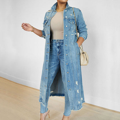 Lange Damen-Jeansjacke im Destroyed Look