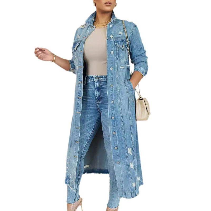 Lange Damen-Jeansjacke im Destroyed Look