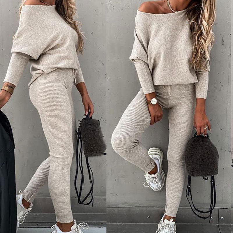 💖Damen-Zweiteiler: Off-Shoulder-Shirt mit langen Ärmeln mit Hose mit Kordelzug