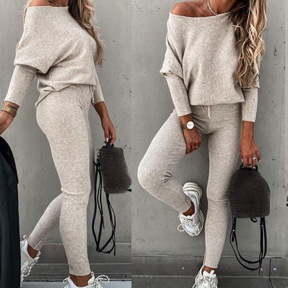 💖Damen-Zweiteiler: Off-Shoulder-Shirt mit langen Ärmeln mit Hose mit Kordelzug