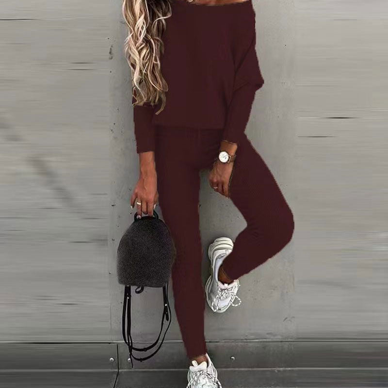 💖Damen-Zweiteiler: Off-Shoulder-Shirt mit langen Ärmeln mit Hose mit Kordelzug