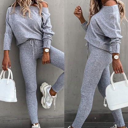 💖Damen-Zweiteiler: Off-Shoulder-Shirt mit langen Ärmeln mit Hose mit Kordelzug