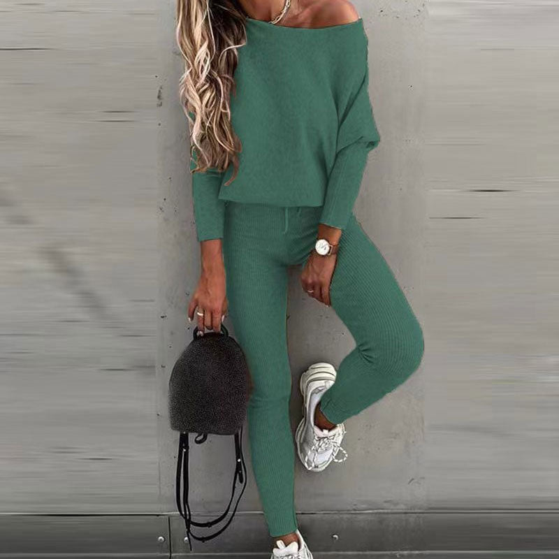 💖Damen-Zweiteiler: Off-Shoulder-Shirt mit langen Ärmeln mit Hose mit Kordelzug