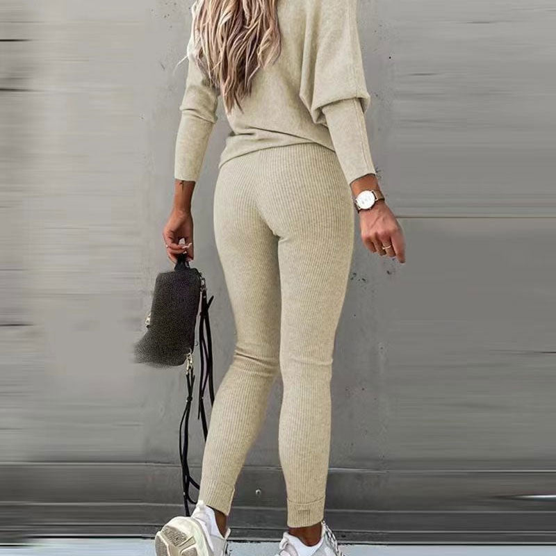 💖Damen-Zweiteiler: Off-Shoulder-Shirt mit langen Ärmeln mit Hose mit Kordelzug