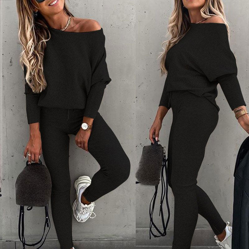 💖Damen-Zweiteiler: Off-Shoulder-Shirt mit langen Ärmeln mit Hose mit Kordelzug