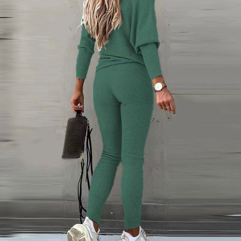 💖Damen-Zweiteiler: Off-Shoulder-Shirt mit langen Ärmeln mit Hose mit Kordelzug
