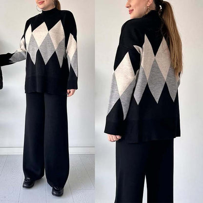 Modische Farbe-Blocking-Set aus Pullover und Hose mit Rautenmuster