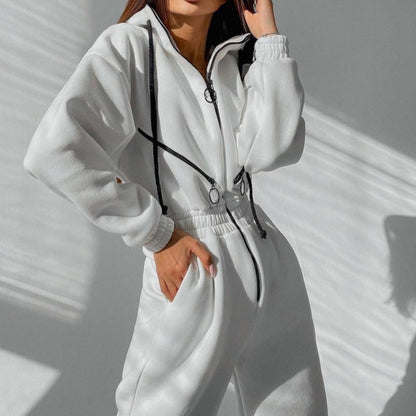 Bequemer einfarbiger Damen-Jumpsuit mit Kapuze