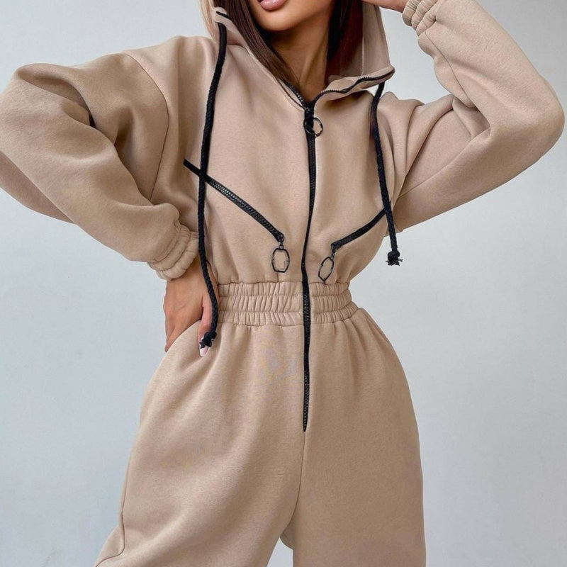 Bequemer einfarbiger Damen-Jumpsuit mit Kapuze