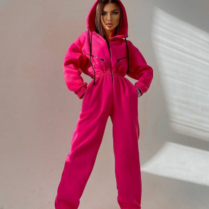 Bequemer einfarbiger Damen-Jumpsuit mit Kapuze