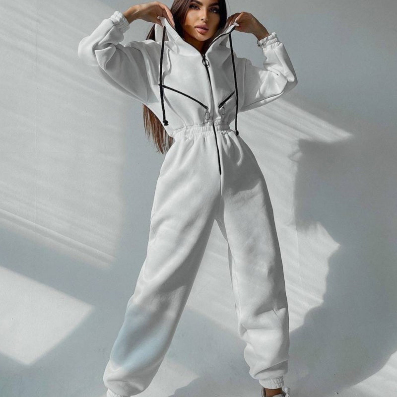Bequemer einfarbiger Damen-Jumpsuit mit Kapuze