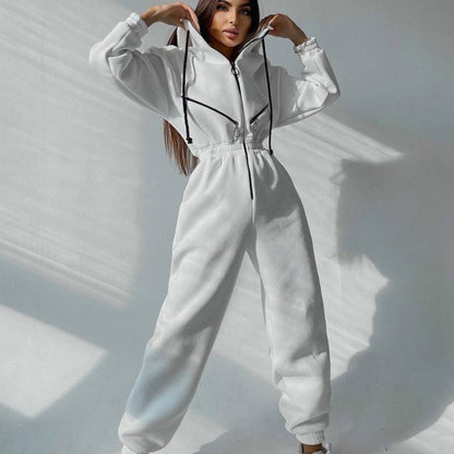 Bequemer einfarbiger Damen-Jumpsuit mit Kapuze