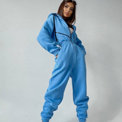 Bequemer einfarbiger Damen-Jumpsuit mit Kapuze