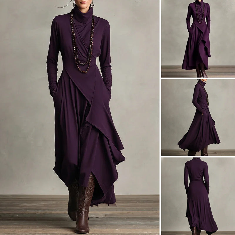 Damen elegantes Maxikleid mit hohem Kragen und asymmetrischer Drapierung