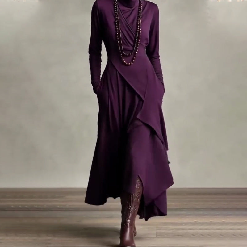 Damen elegantes Maxikleid mit hohem Kragen und asymmetrischer Drapierung