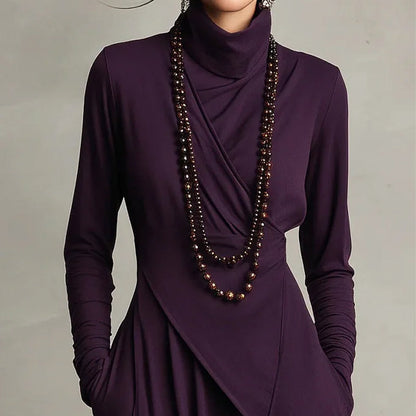 Damen elegantes Maxikleid mit hohem Kragen und asymmetrischer Drapierung