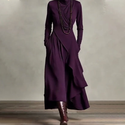 Damen elegantes Maxikleid mit hohem Kragen und asymmetrischer Drapierung