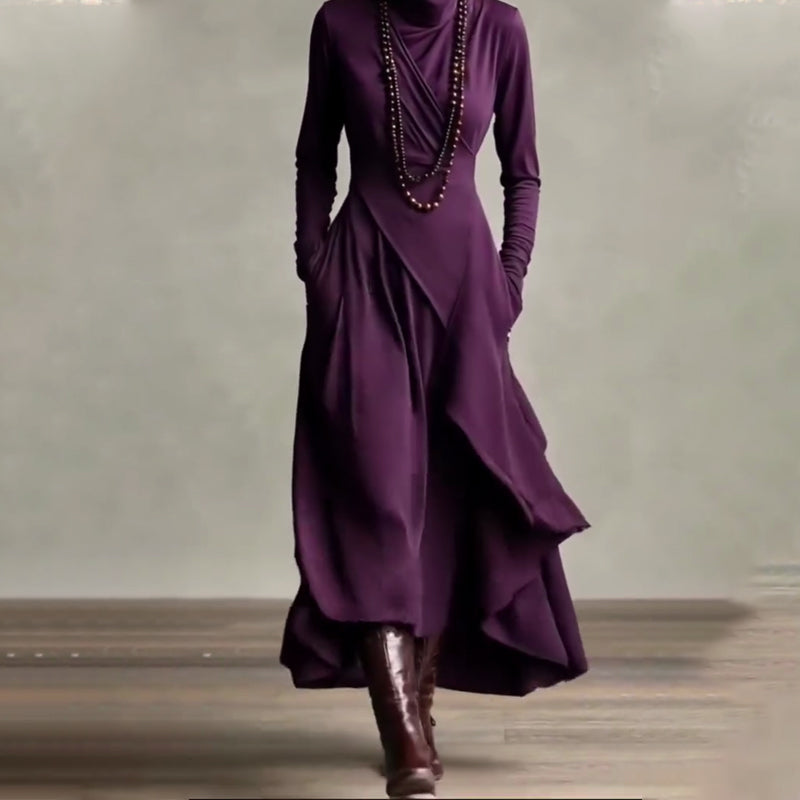 Damen elegantes Maxikleid mit hohem Kragen und asymmetrischer Drapierung