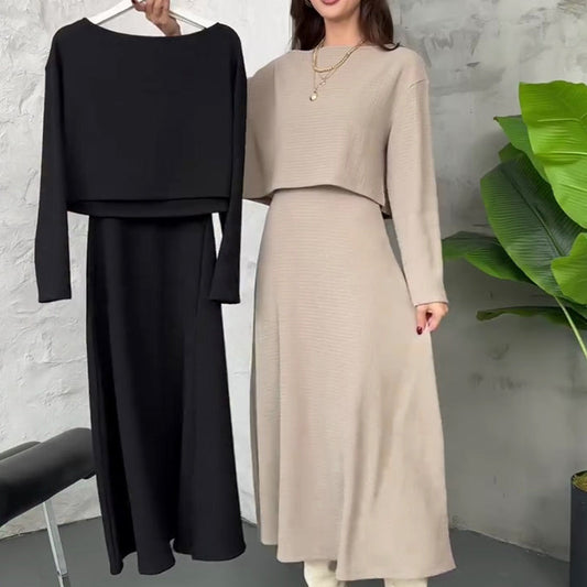 🔥Neuheiten Sonderangebot💃 2-teiliges Strick-Outfit für Damen: Midikleid mit Spaghettiträgern und bauchfreies Oberteil