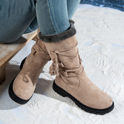 Damen Stiefel aus Kunstwildleder in Wadenhöhe mit Quasten