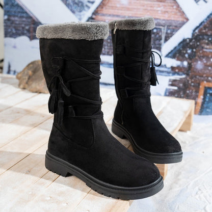 Damen Stiefel aus Kunstwildleder in Wadenhöhe mit Quasten