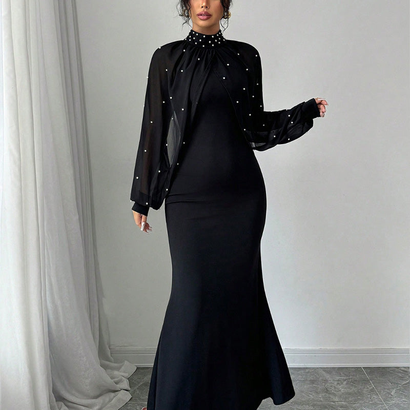 Elegantes Meerjungfrauenkleid mit Kragen aus Kunstperlen