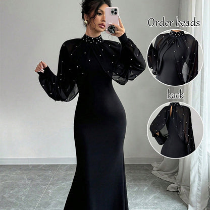 Elegantes Meerjungfrauenkleid mit Kragen aus Kunstperlen