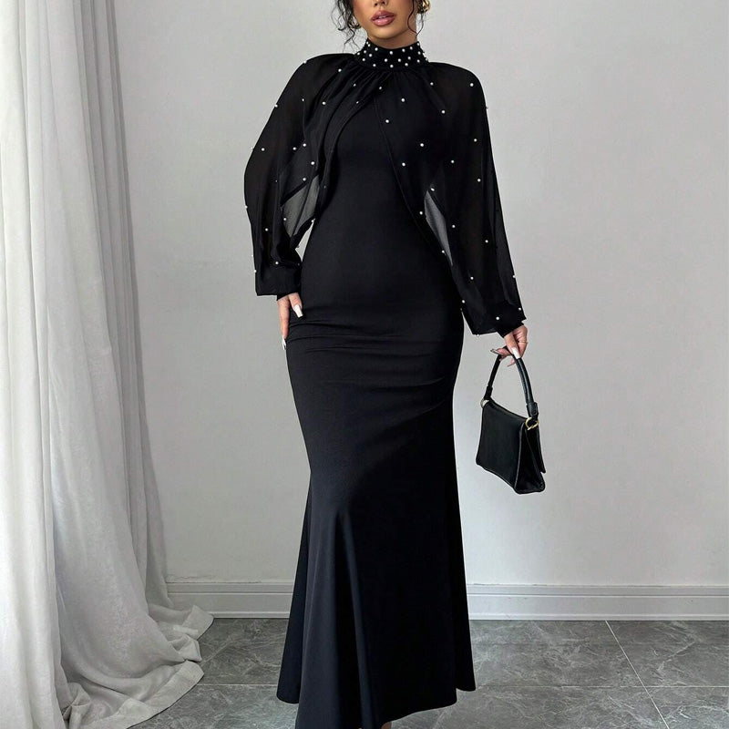 Elegantes Meerjungfrauenkleid mit Kragen aus Kunstperlen