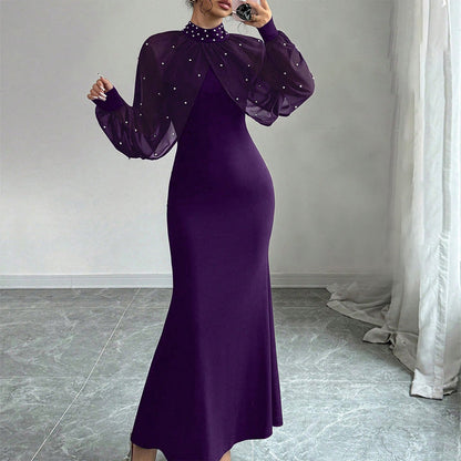Elegantes Meerjungfrauenkleid mit Kragen aus Kunstperlen