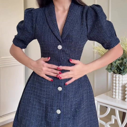 Damen-Mini-Kleid mit Reverskragen und Puffärmeln in A-Linie